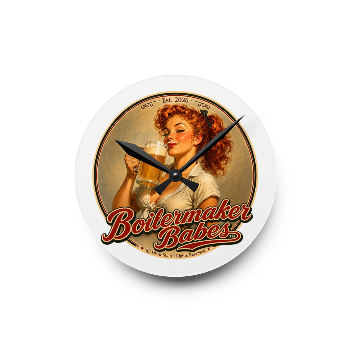 Thursti! (F) Boilermaker Babes ™ Retro Pin-Up Acrylic Wall Clock — Vintage Bar Decor