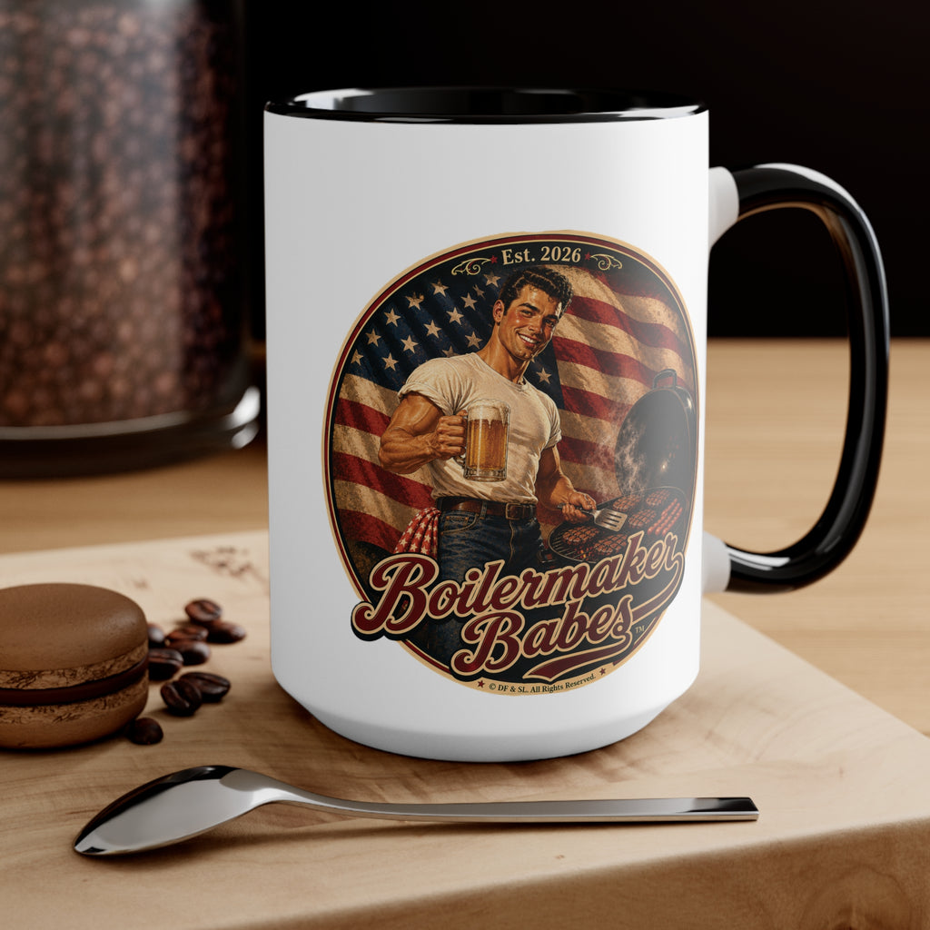 Jon 250! (M) – 15oz. Accent Mug - Boilermaker Babes ™ Vintage Style Pin-Up Art for 4th July