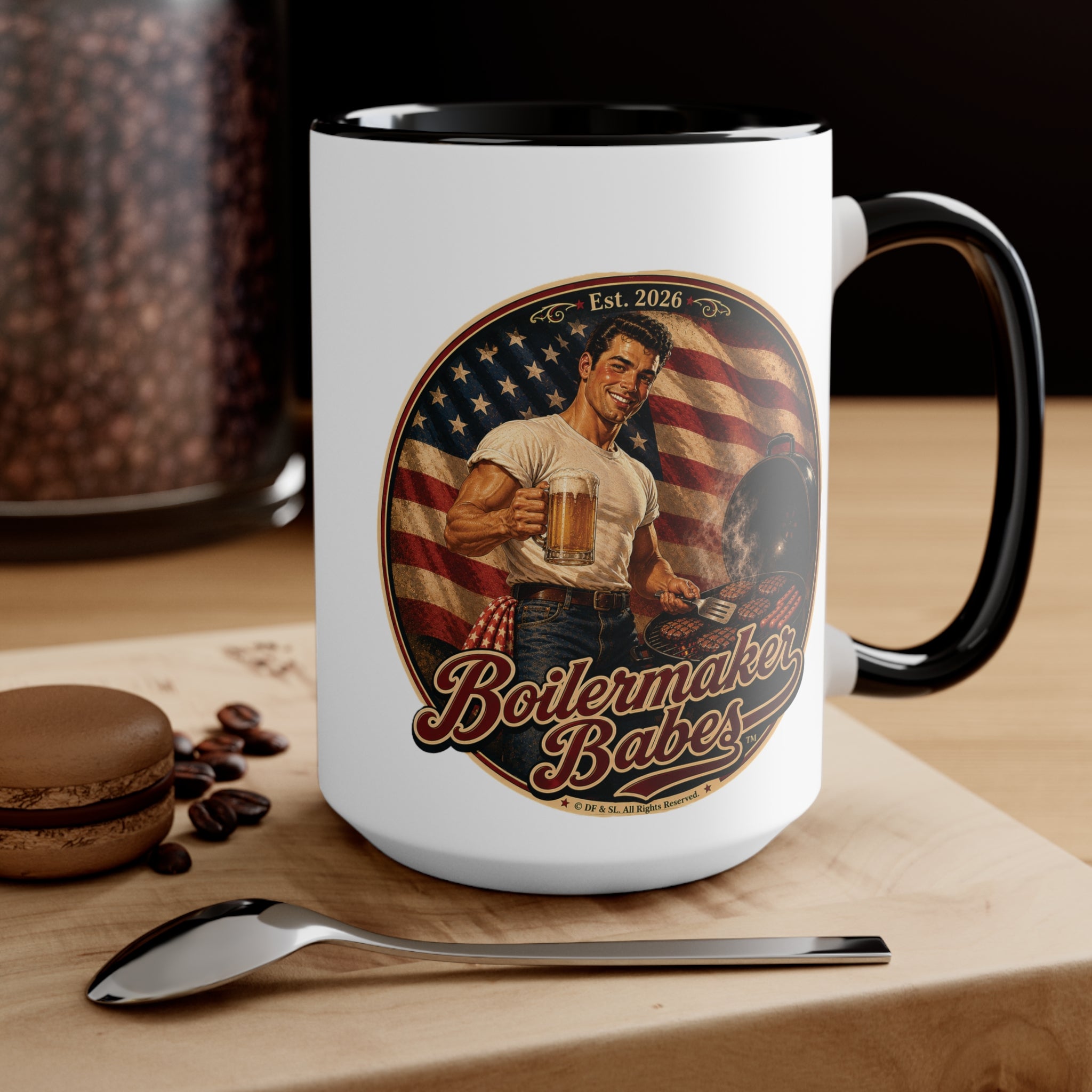 Jon 250! (M) – 15oz. Accent Mug - Boilermaker Babes ™ Vintage Style Pin-Up Art for 4th July