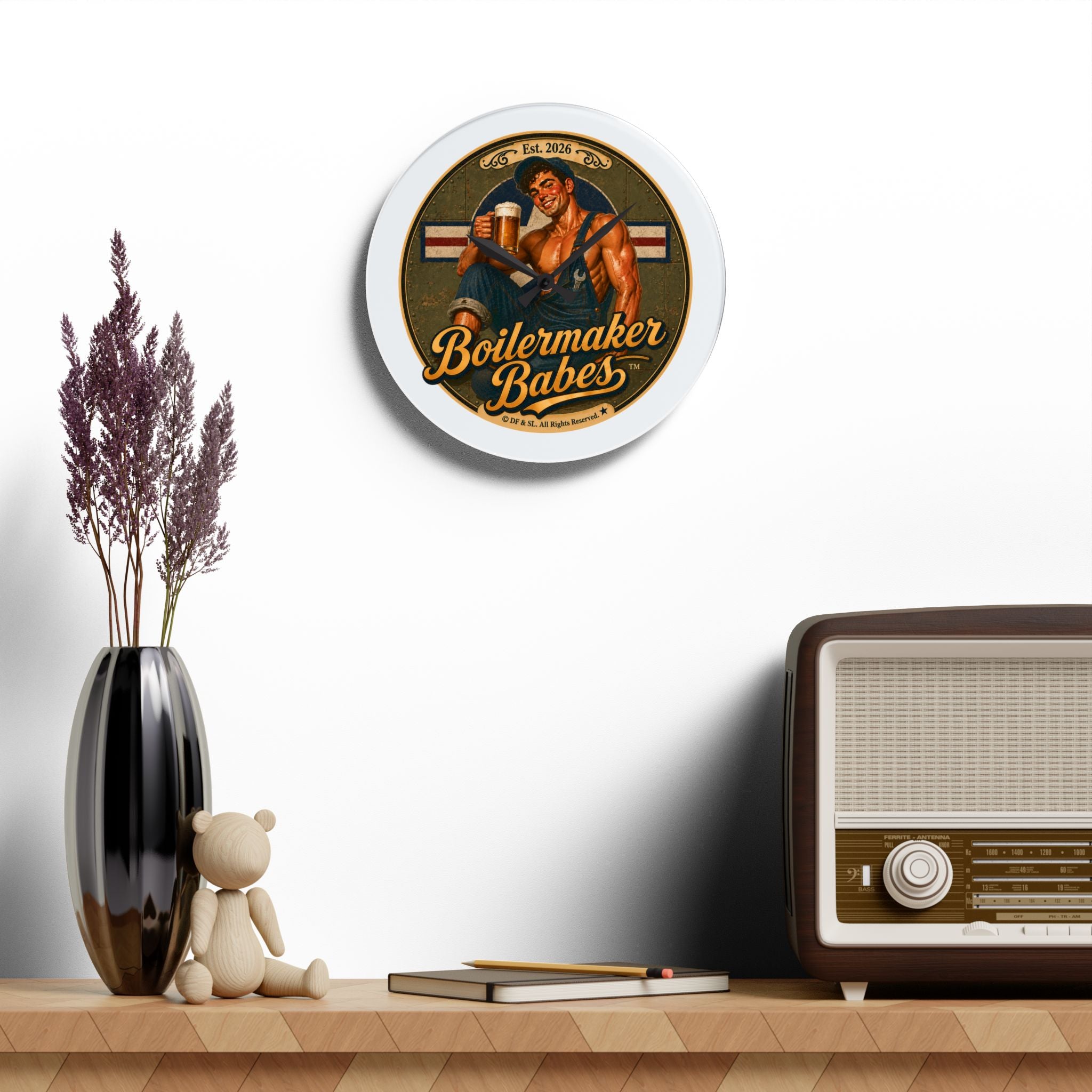 Mecham! (M) Boilermaker Babes ™ Acrylic Wall Clock – Retro Pinup Beer Decor