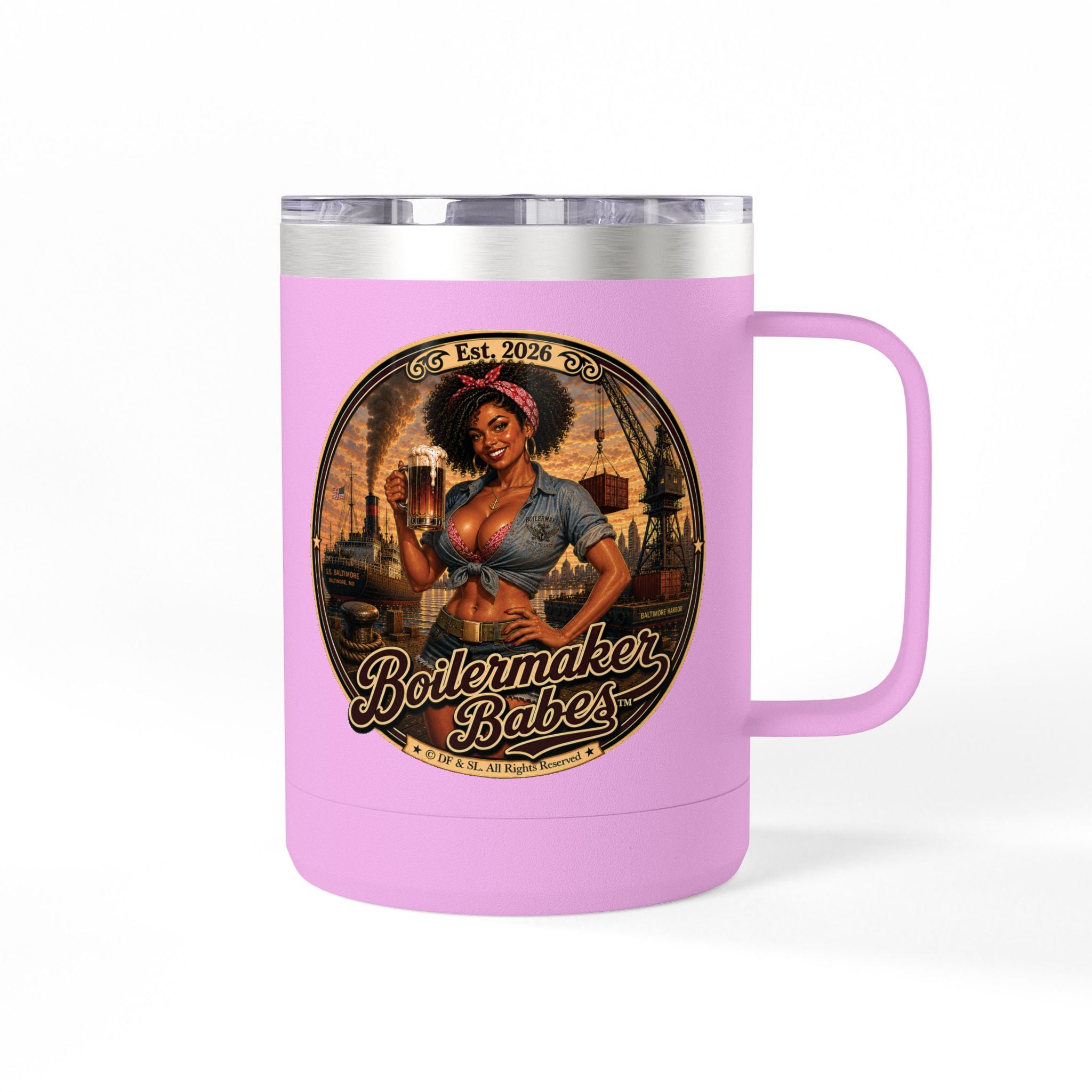 Docke! (F) – 15oz. Insulated Mug - Boilermaker Babes ™ Vintage Style Pin-Up Art