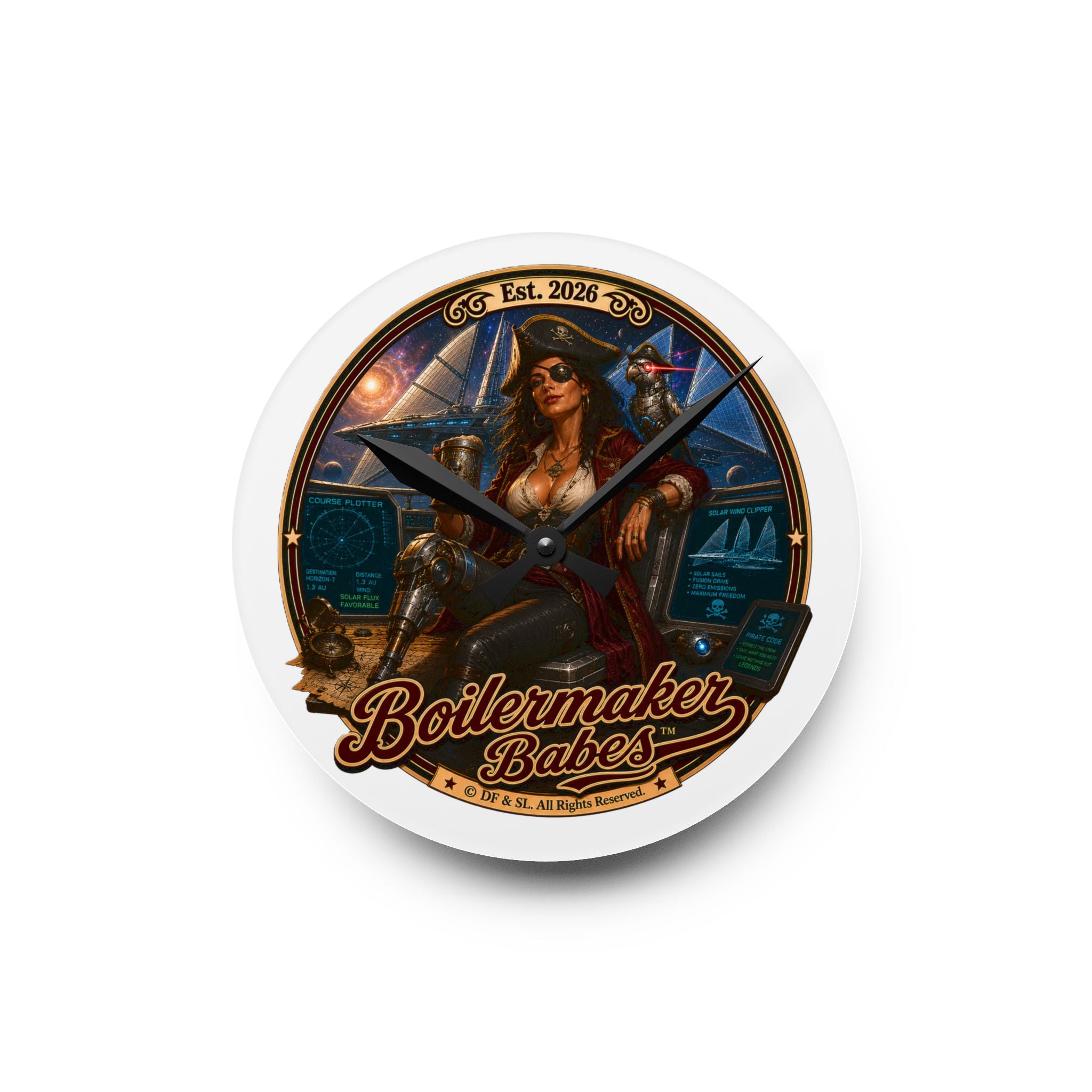 Cali! (F) Boilermaker Babes ™ Vintage Pinup Acrylic Wall Clock — Steampunk Nautical Decor