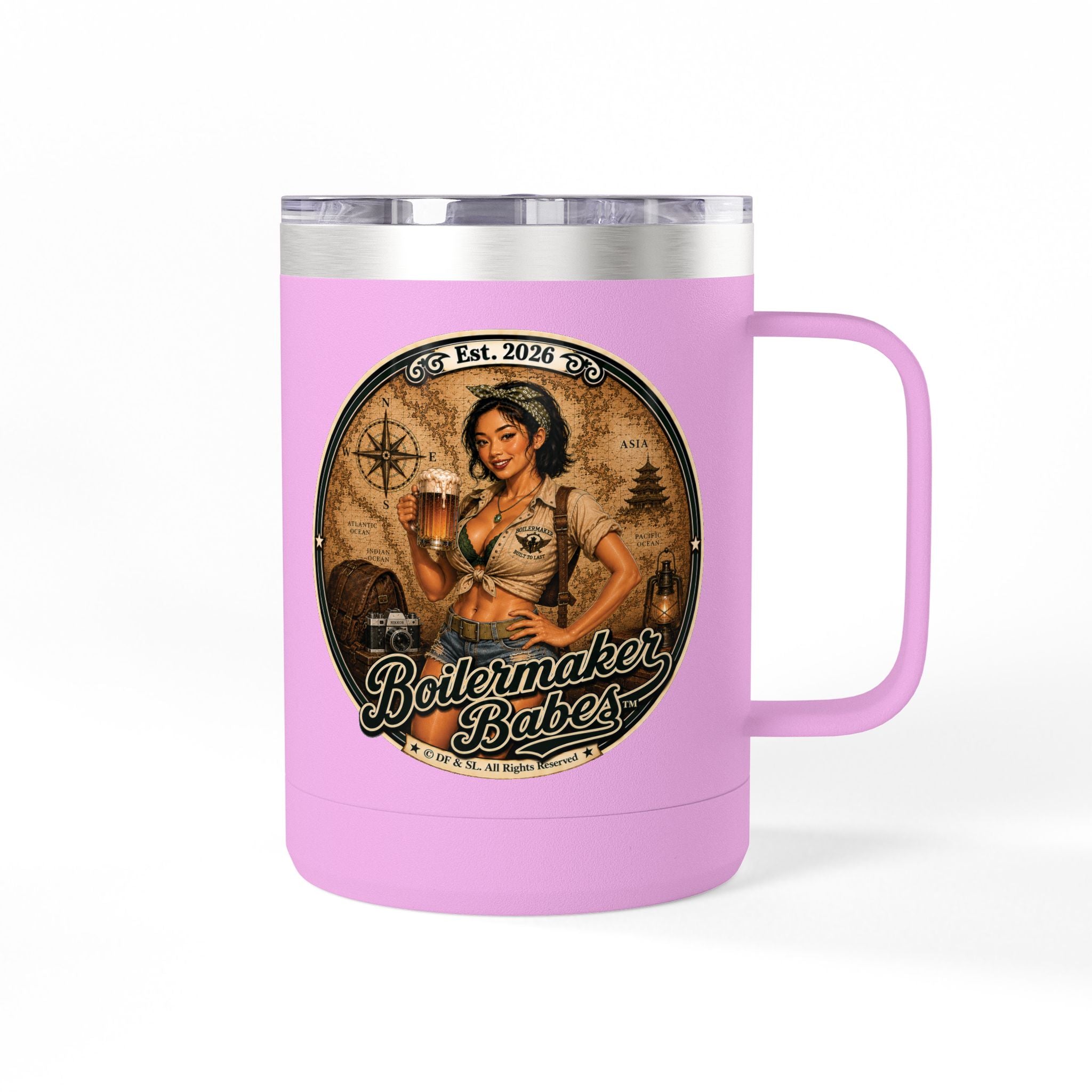 Xplore! (F) – 15oz. Insulated Mug - Boilermaker Babes ™ Vintage Style Pin-Up Art