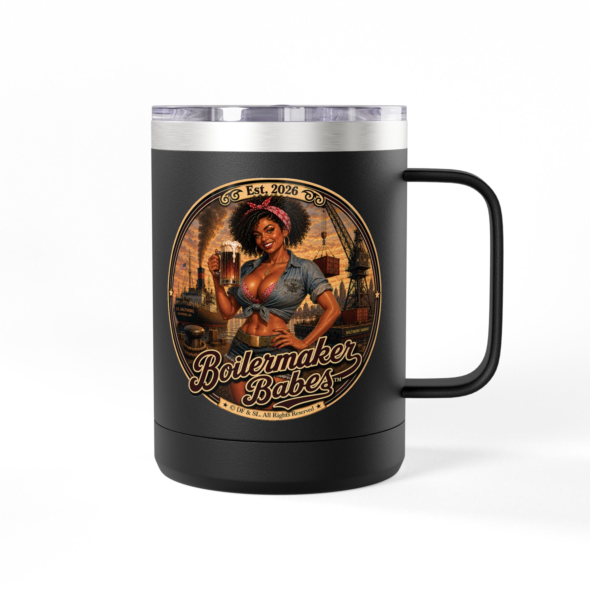 Docke! (F) – 15oz. Insulated Mug - Boilermaker Babes ™ Vintage Style Pin-Up Art