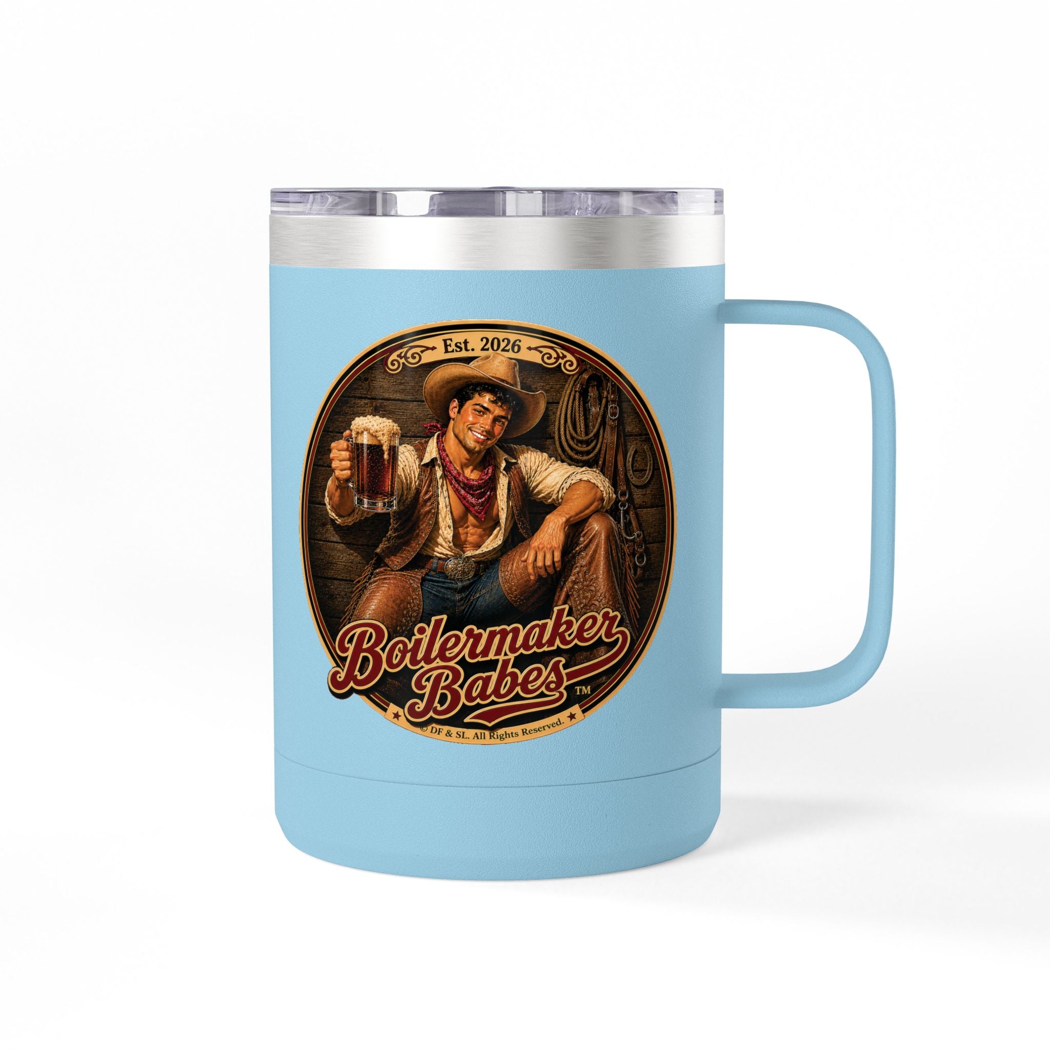 Cowboy Up! (M) – 15oz. Insulated Mug - Boilermaker Babes ™ Vintage Style Pin-Up Art