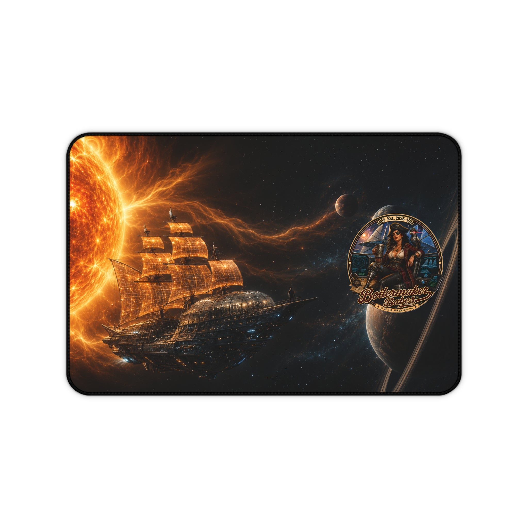 Steampunk Desk Mat | Cali! Boilermaker Babes™ Future-Past Solar Sail Sky Pirate Retro Pin-Up Art Gift - Nautical Pin-Up