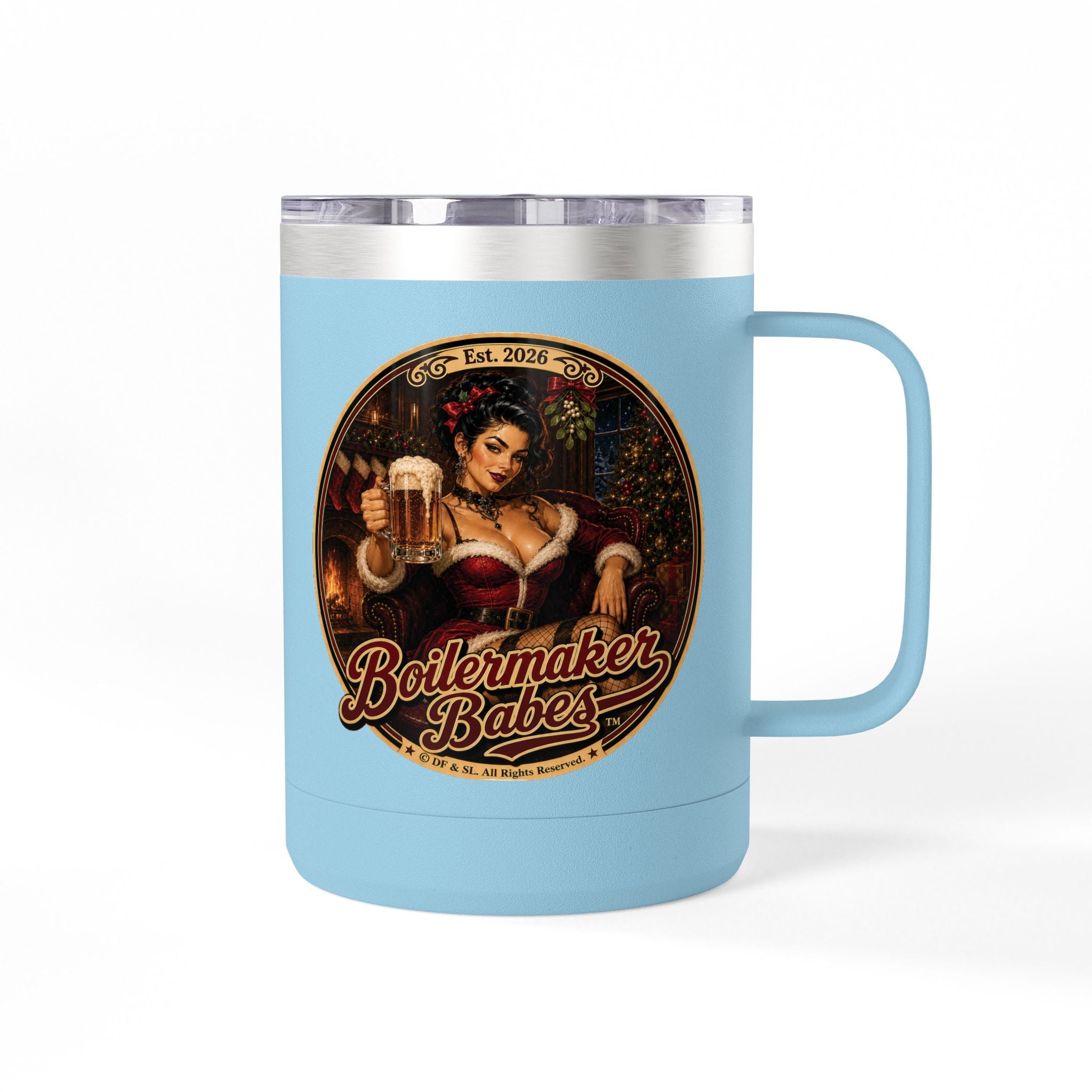 Sati! (F) – 15oz. Insulated Mug - Boilermaker Babes ™ Vintage Style Pin-Up Art