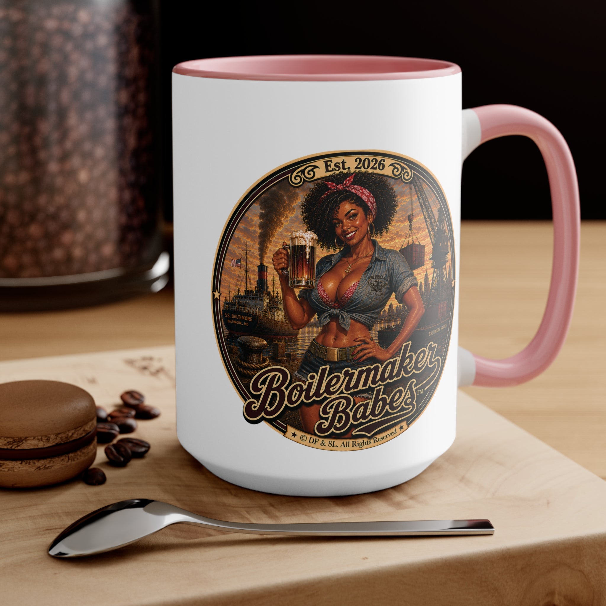 Docke! (F) – 15oz. Accent Mug - Boilermaker Babes ™ Vintage Style Pin-Up Art