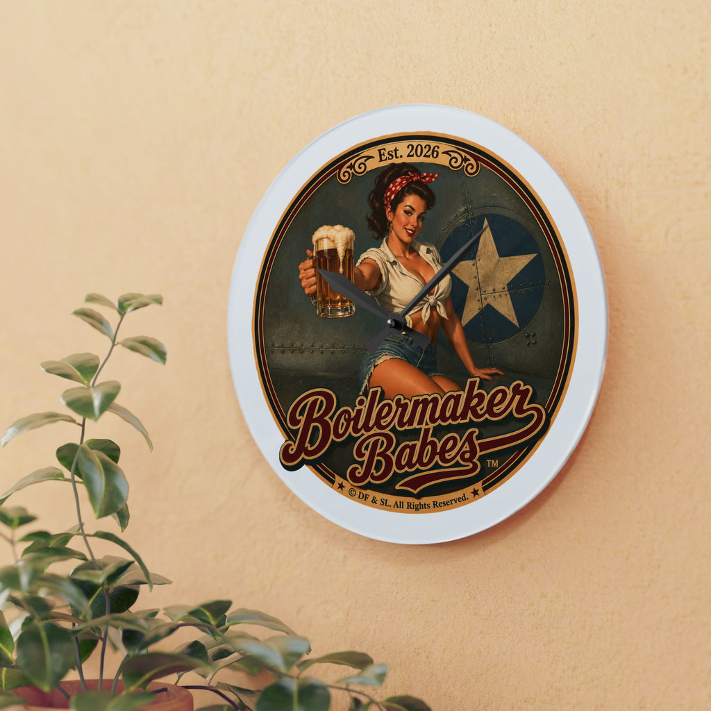 Rivets! (F) Boilermaker Babes ™ Retro Pin-Up Acrylic Wall Clock — Vintage Bar Decor