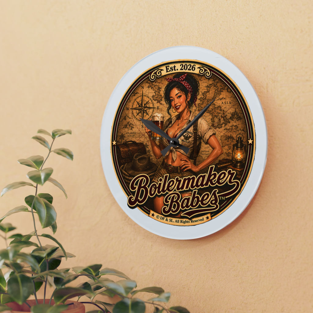 Xplore! (F) Boilermaker Babes ™ Acrylic Wall Clock — Vintage Pin-Up Nautical Decor