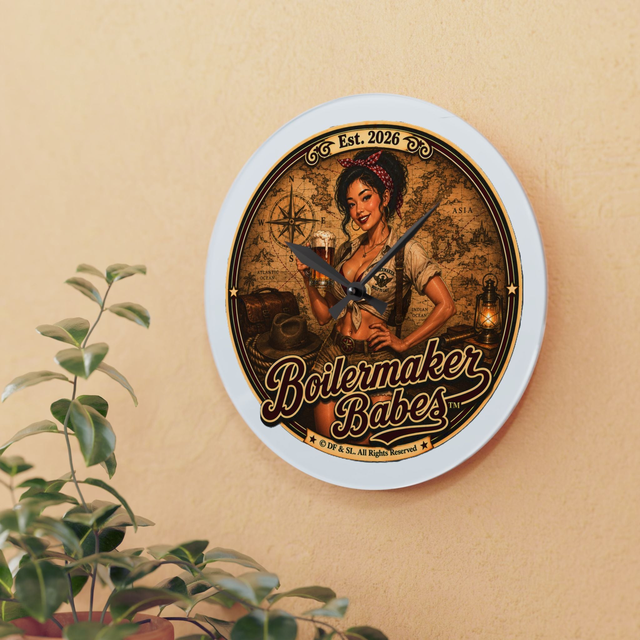 Xplore! (F) Boilermaker Babes ™ Acrylic Wall Clock — Vintage Pin-Up Nautical Decor
