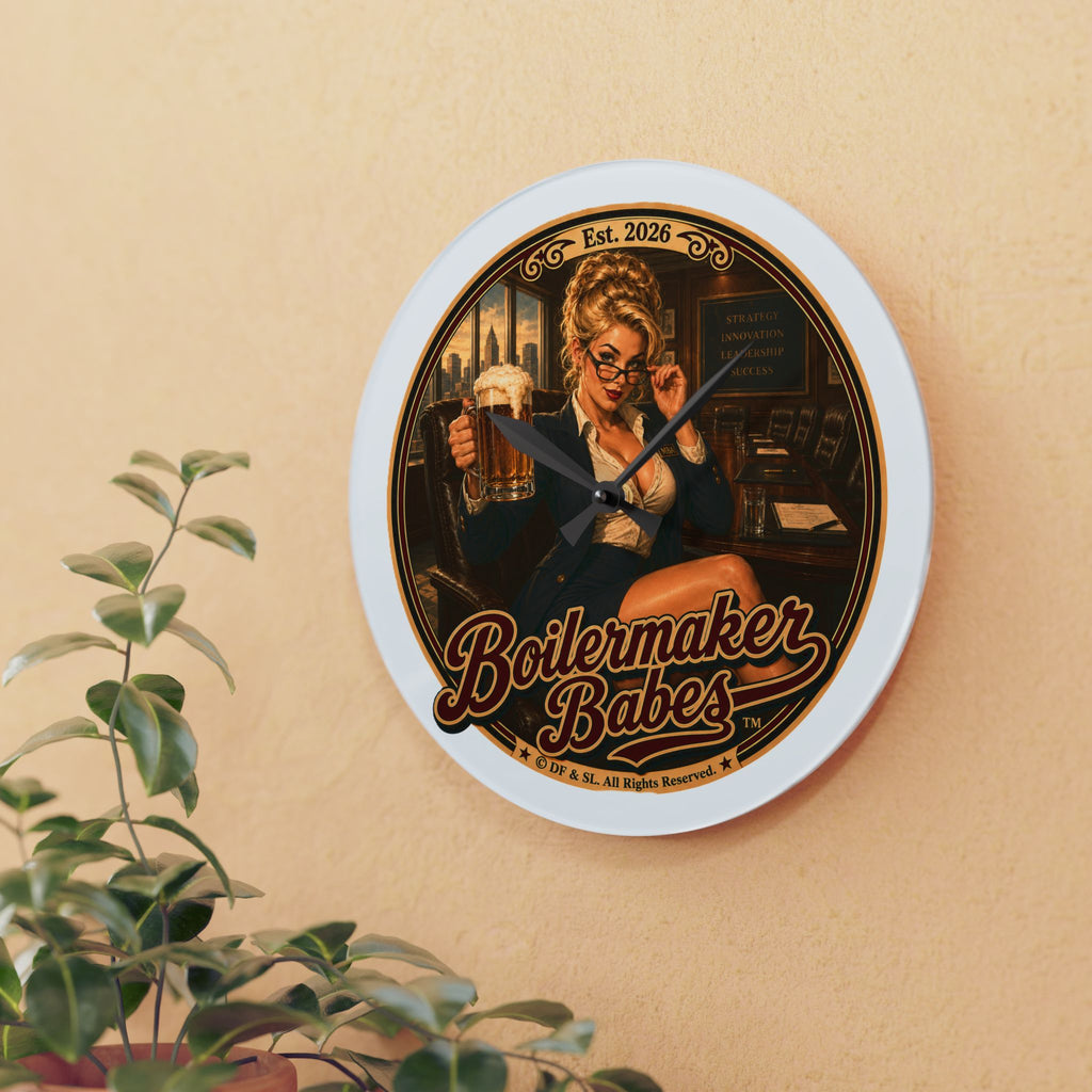 BB! Boilermaker Babes ™ Retro Pin-Up Acrylic Wall Clock — Vintage Brewery Bar Decor