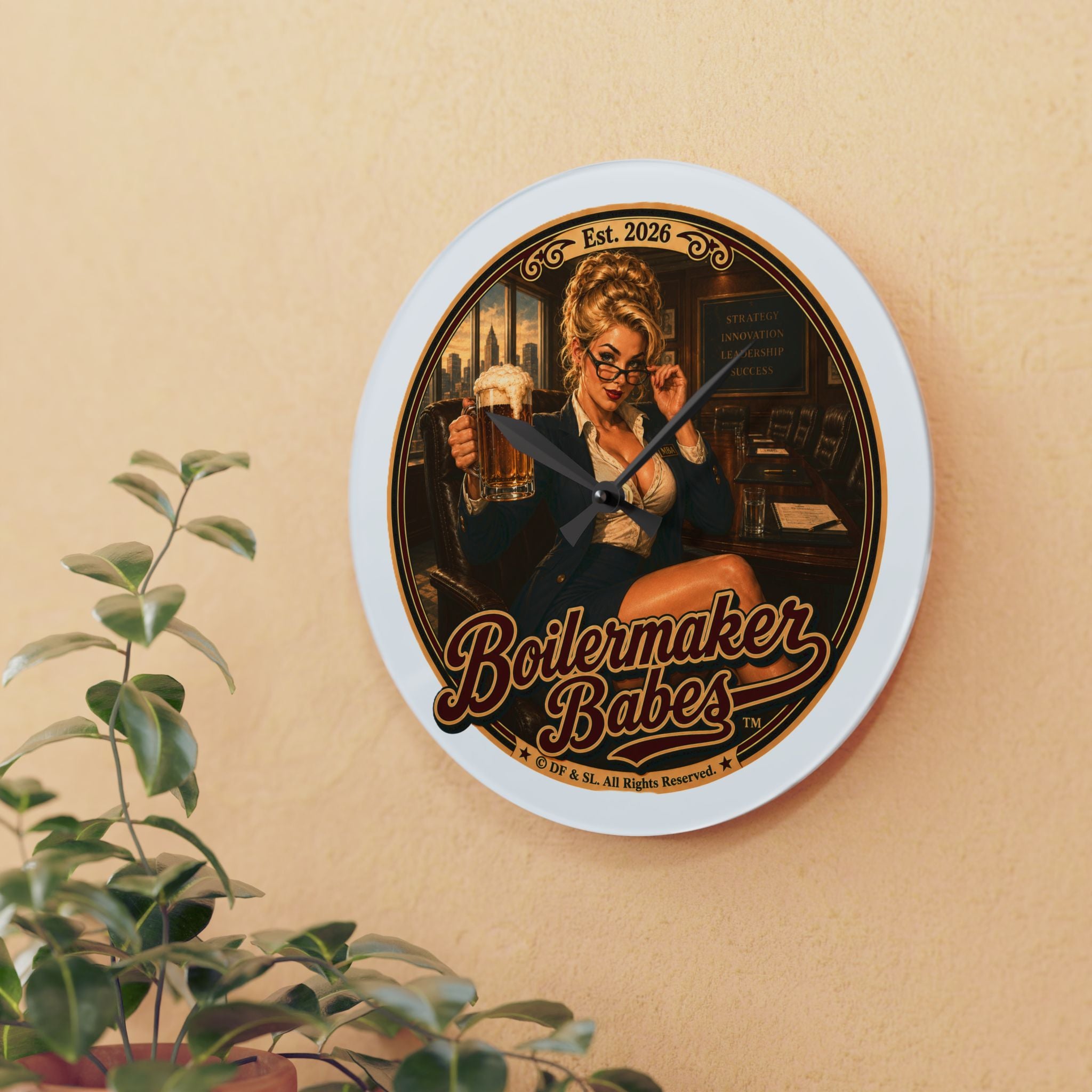BB! Boilermaker Babes ™ Retro Pin-Up Acrylic Wall Clock — Vintage Brewery Bar Decor