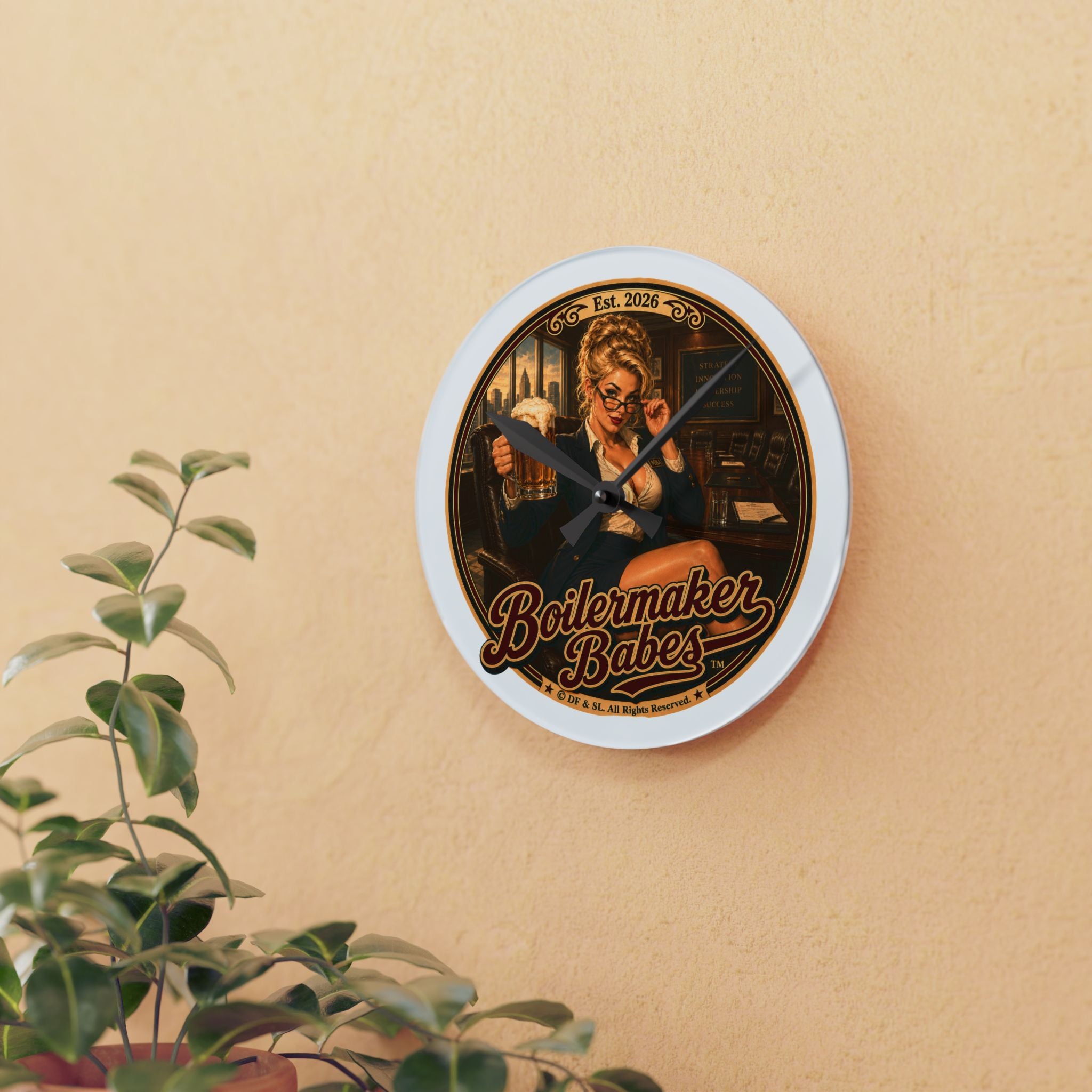 BB! Boilermaker Babes ™ Retro Pin-Up Acrylic Wall Clock — Vintage Brewery Bar Decor