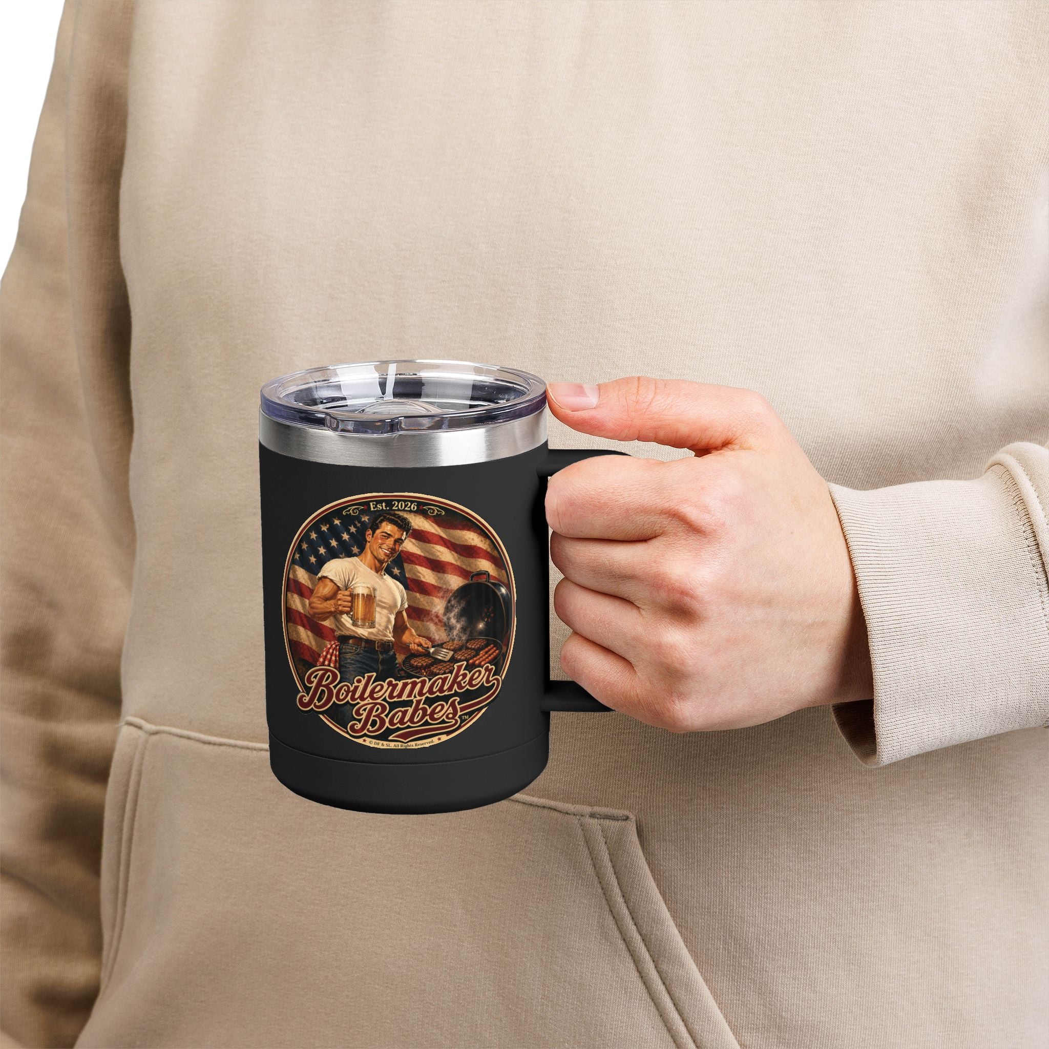Jon 250! (M) – 15oz. Insulated Mug - Boilermaker Babes ™ Vintage Style Pin-Up Art for 4th July