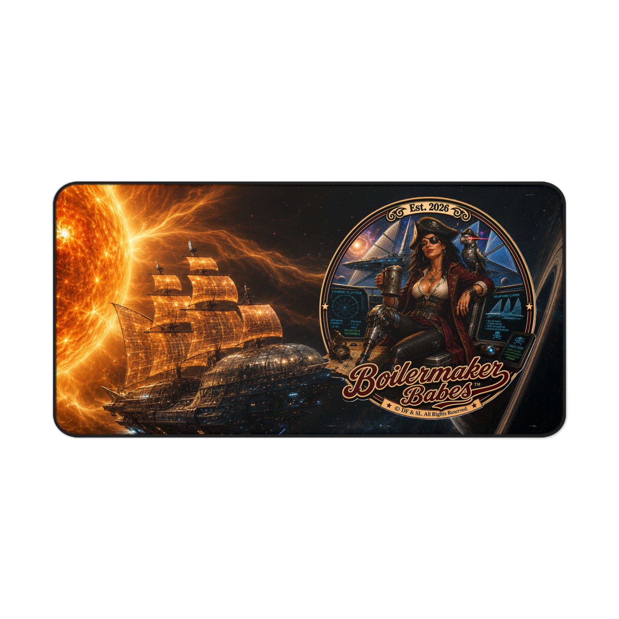 Steampunk Desk Mat | Cali! Boilermaker Babes™ Future-Past Solar Sail Sky Pirate Retro Pin-Up Art Gift - Nautical Pin-Up