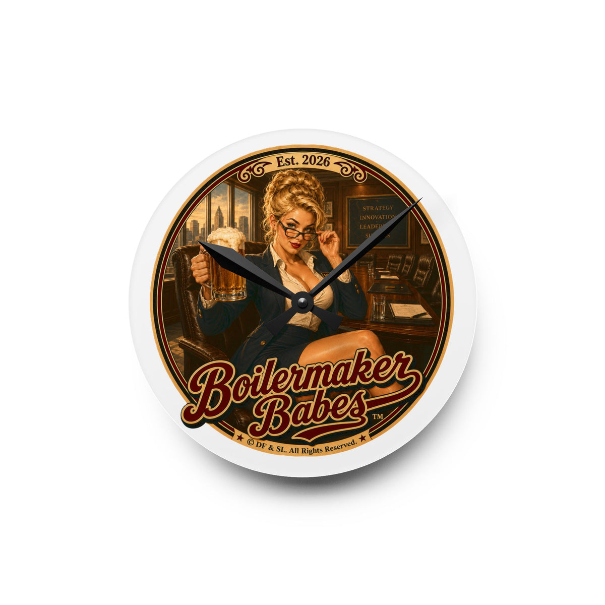 BB! Boilermaker Babes ™ Retro Pin-Up Acrylic Wall Clock — Vintage Brewery Bar Decor