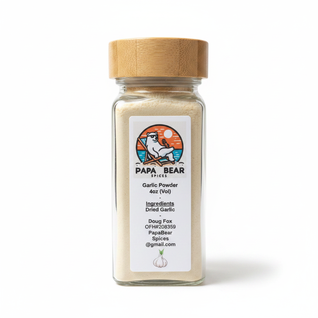 Papa Bear Spices Garlic Powder 4oz in glass jar with bamboo lid